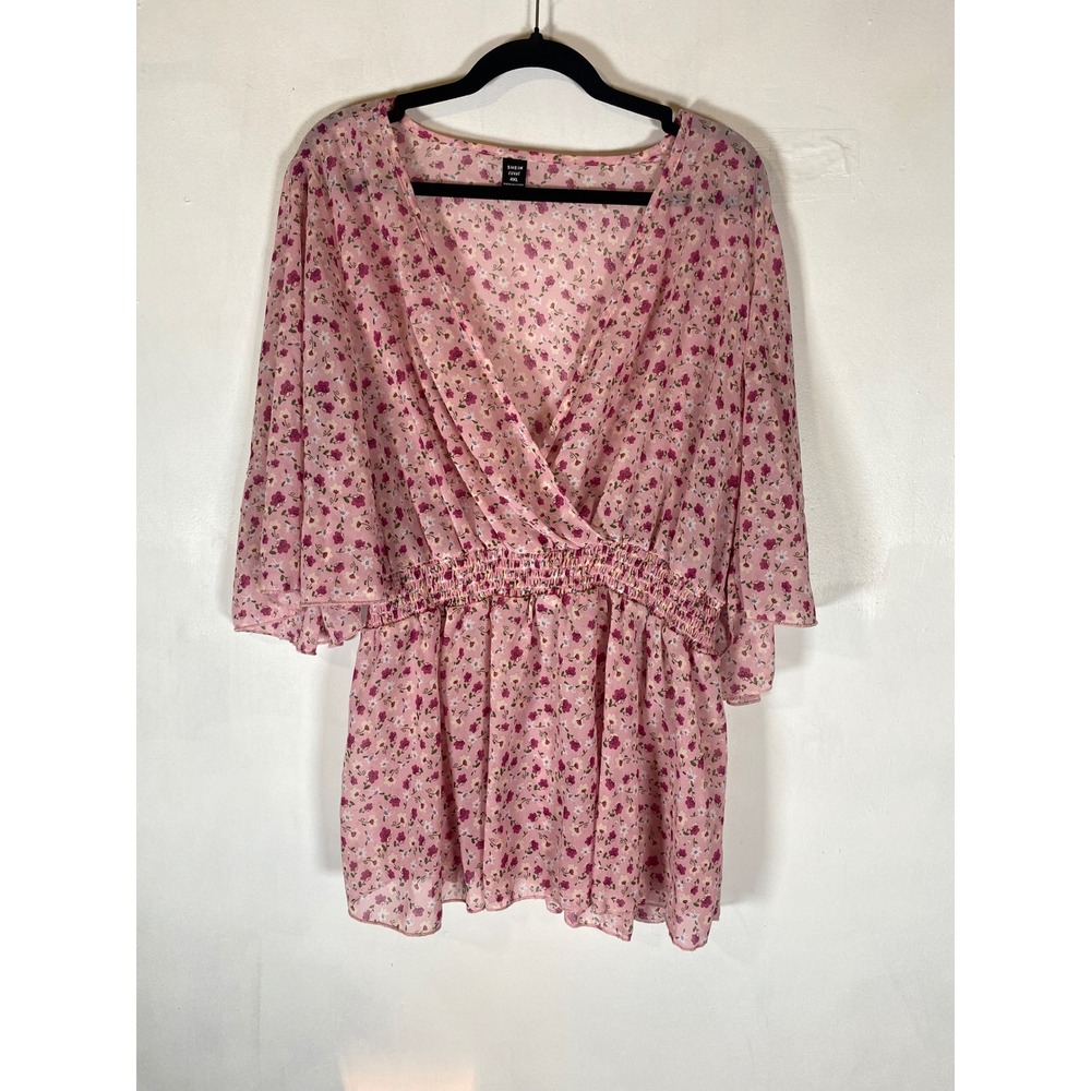 4X Pink Floral Faux Wrap Babydoll Peplum Blouse Boho Cottagecore Flutter Sleeves